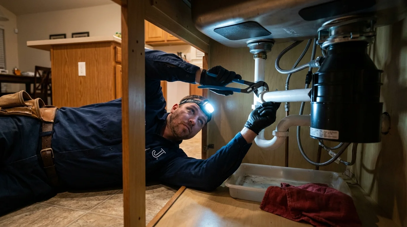 P-trap and supply line connections under a kitchen sink showing a common leak point in Gray, GA